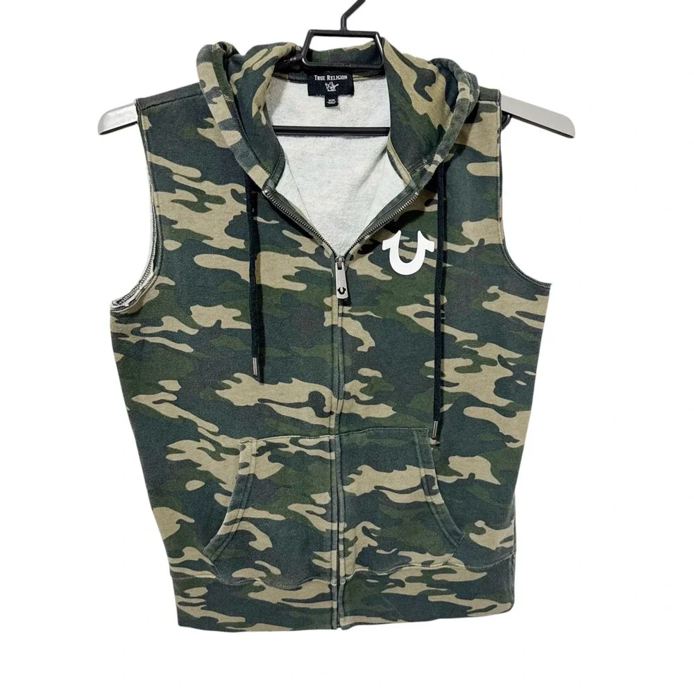True Religion Men's M Perfectly Worn In Sleeveless Hoodie Zip Sweatshirt Green C